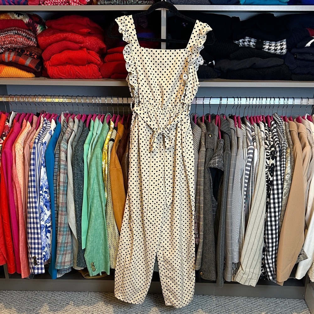 SHEIN cream/black polka dot sleeveless backless belted jumpsuit size S